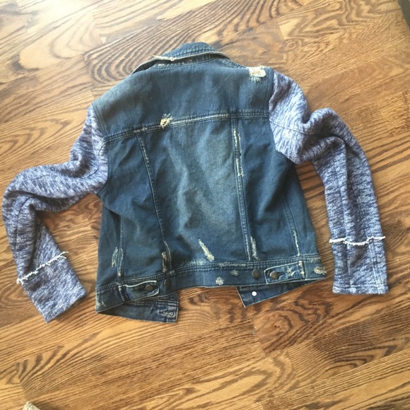 Free People Jean Jacket Distressed Blue Denim & Knit Jean Jacket w Hood Small - Picture 6 of 8